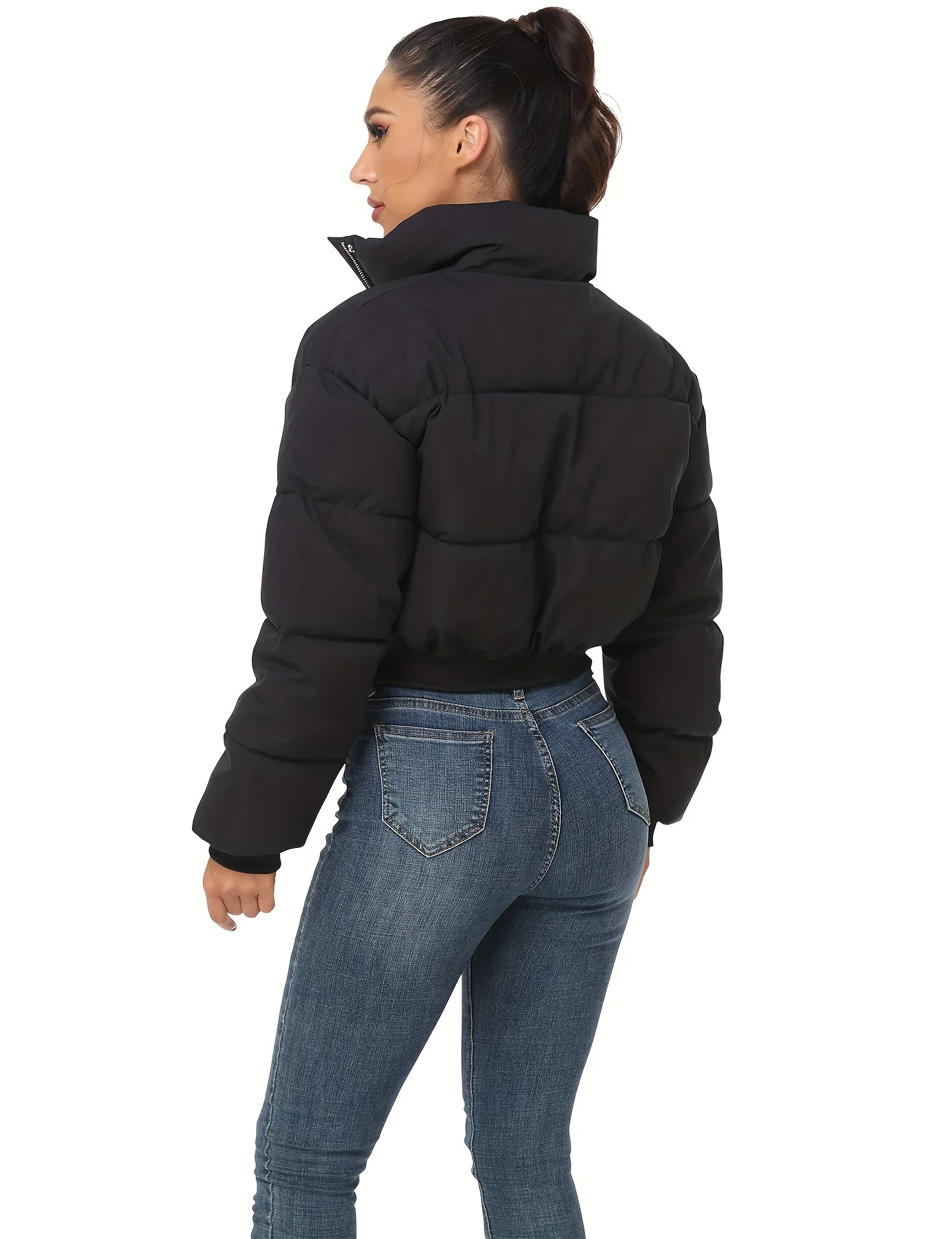 Button Front Cropped Puffer Coat, Casual Stand Collar Long Sleeve Warm Winter Outerwear, Women's Clothing - Deanwangkt