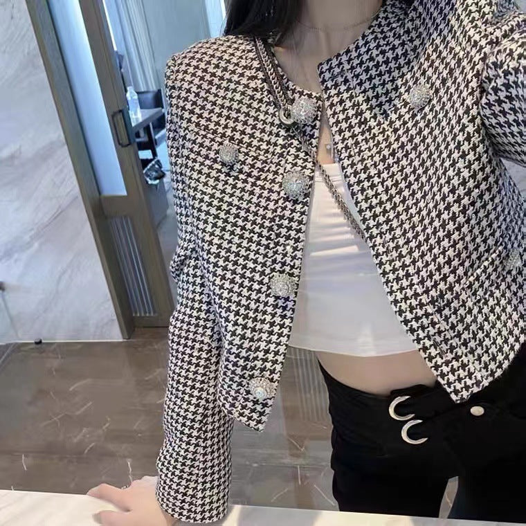 2025 Spot thousand bird grid sequined short top baby same jacket small fragrant wind diamond buckle embroidered small blazer - Deanwangkt