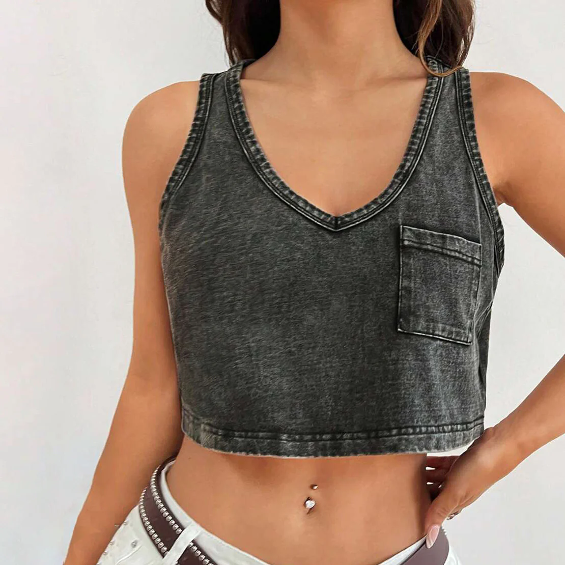 n retro old denim vest female exposed navel slim fit fashion hottie single pocket personalized design top New - Deanwangkt
