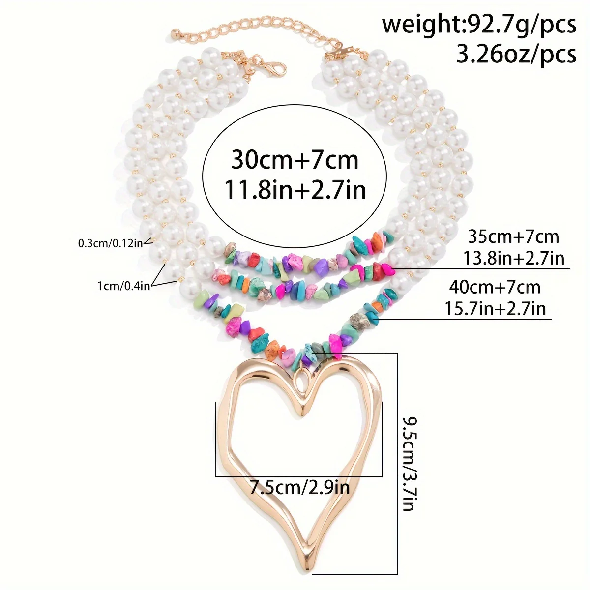 1pc Multilayer Exaggerated Holiday Style Imitation Pearl Peach Heart Charm Necklace Colorful Pine Stone CCB Necklace Charm Multilayer Necklace Gift - Deanwangkt