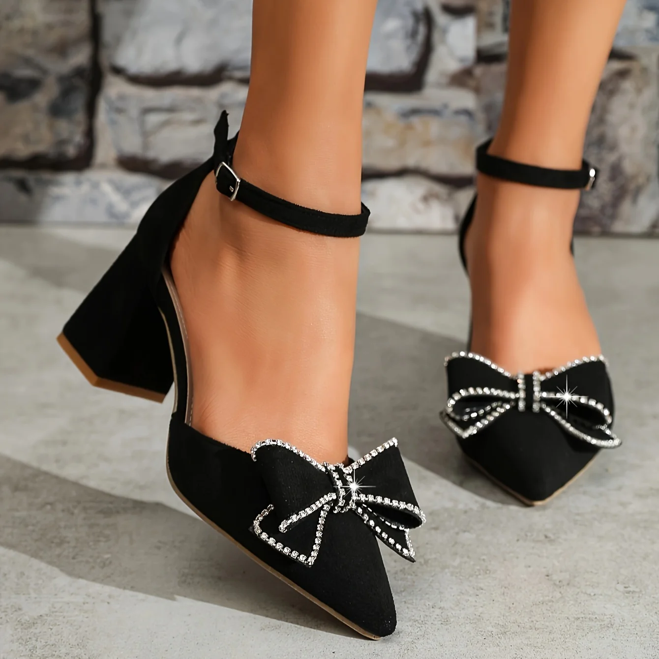 deanwangkt  Women's Rhinestone & Bowknot Decor Block Heels, Fashion Point Toe Dress Pumps, Stylish Buckle Strap Heels - Deanwangkt
