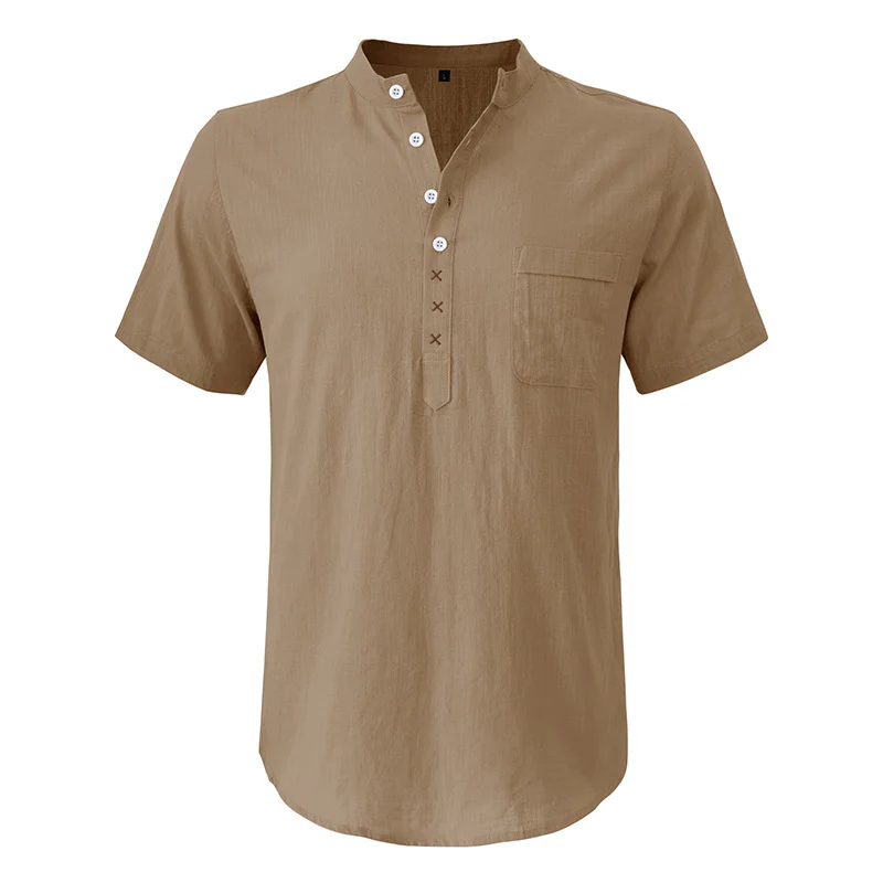 DEANWANGKT 2025 Cross-border men's Hawaiian short-sleeved beach shirt, Popular trade Henry shirt,   men's cotton and linen shirt - Deanwangkt