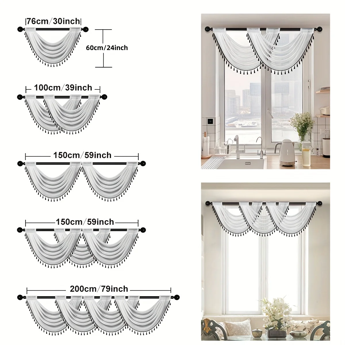 1pc Fashionable Sheer Wave Curtain Valance With Tassels Edge - Light-Transmitting, Rod Pocket, Perfect For Living Room, Bedroom, And Kitchen - 30x24 Inches - Deanwangkt