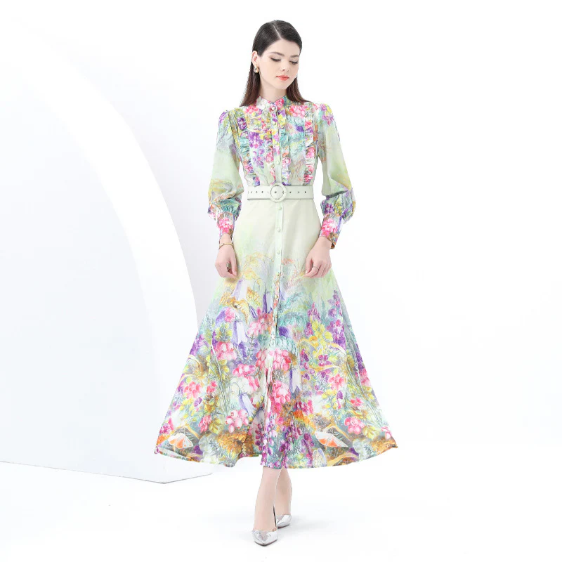 New export women's clothing holiday style retro lace stand-up collar single-breasted printing wide pendulum long dress - Deanwangkt