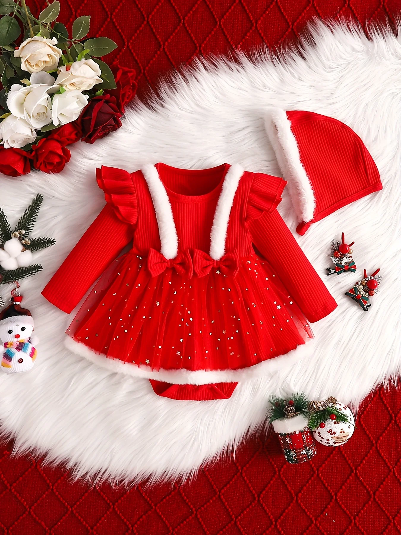 Baby's Christmas Style Fuzzy Trim Ruffled Long Sleeve Romper Dress, Toddler & Infant Girl's Onesie For Winter Festival Party & Outdoor Play - Deanwangkt