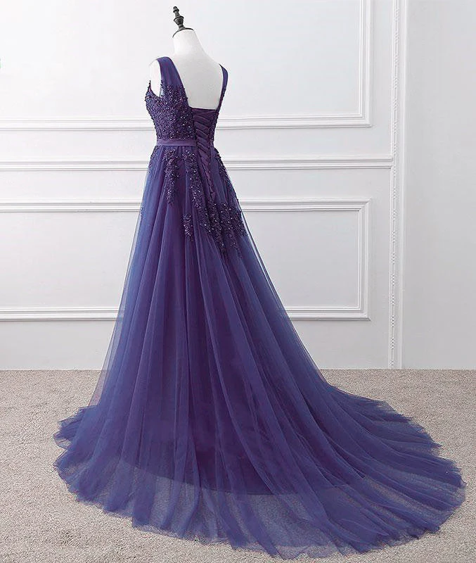 Solvbao Lovely Purple Handmade Tulle V-neckline Long Party Dress, Purple A-line Bridesmaid Dress - Deanwangkt