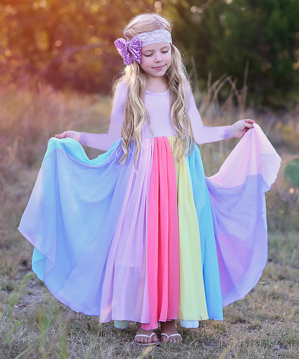 Popular Foreign Trade Children's Dress Autumn and Winter Long Sleeves Rainbow Mesh Dress Girl's Rainbow Printing Princess Dress - Deanwangkt