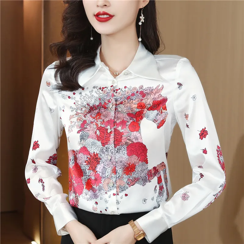 Printed Women Designer Lapel Shirts Silk Black Long Sleeve Elegant Fit Shirt Office Ladies Button Front Casual Satin Blouses Spring Fall Chic Slim Runway Tops - Deanwangkt