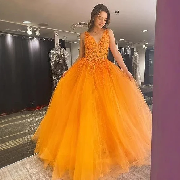 2025V-neck tulle ball dress lace applique long ball dress  new formal evening dress - Deanwangkt