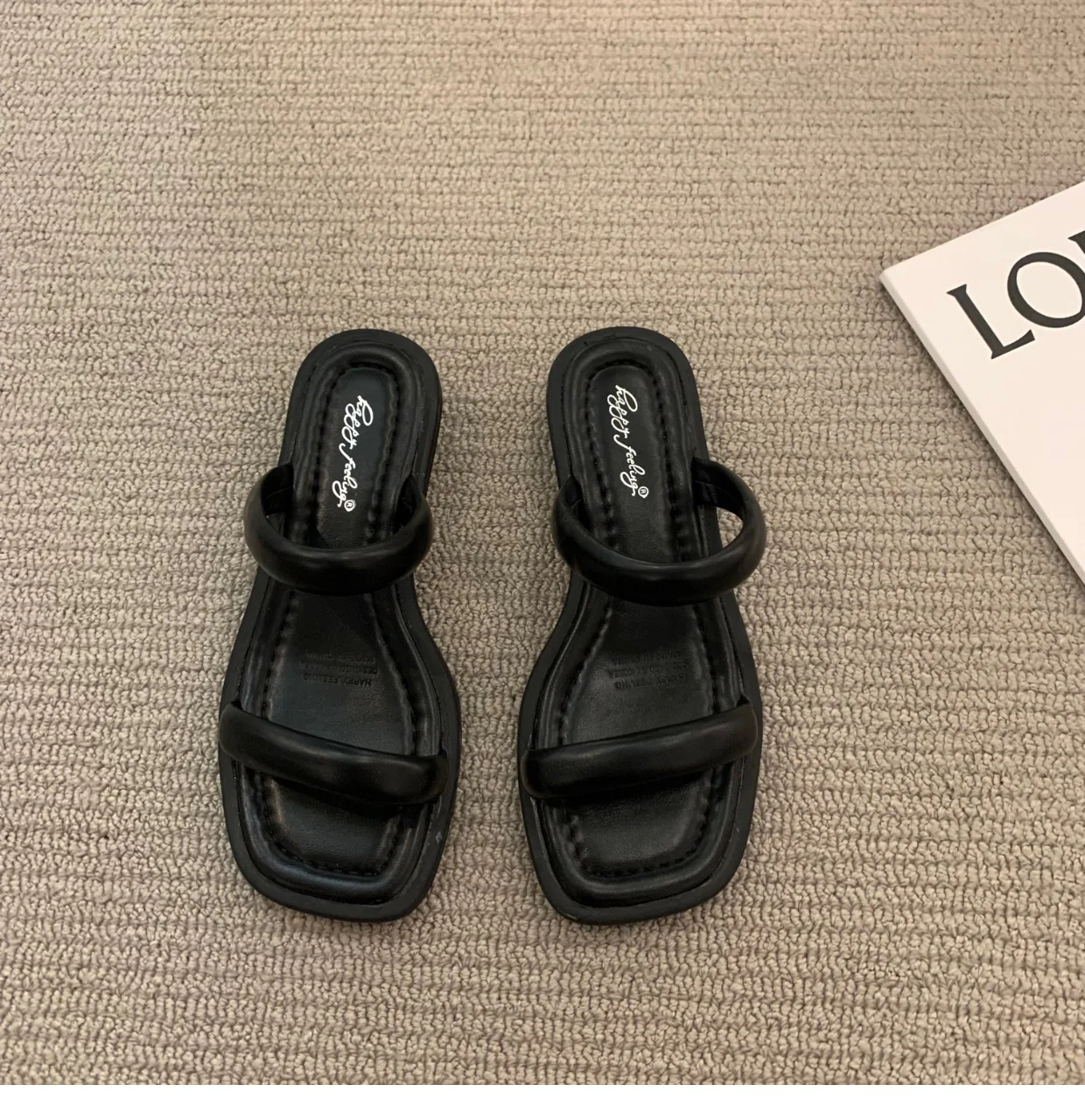 DEANWANGKT  2022 Summer New Korean Style Fashion Open Toe One-Word with Chunky Heel Bread Slippers Women's Outer Wear Temperament Low Heel Slippers - Deanwangkt