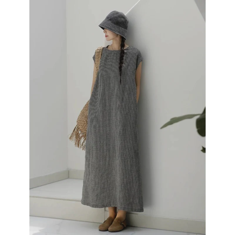 summer dyed cotton and linen plaid linen long dress paper person elegant literary retro dress women - Deanwangkt