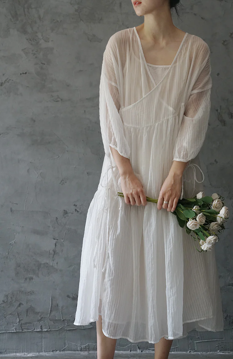 cool diagonal placket lace-up age-reducing dress, national style light Chinese Tencel crumpled long skirt L2115 - Deanwangkt