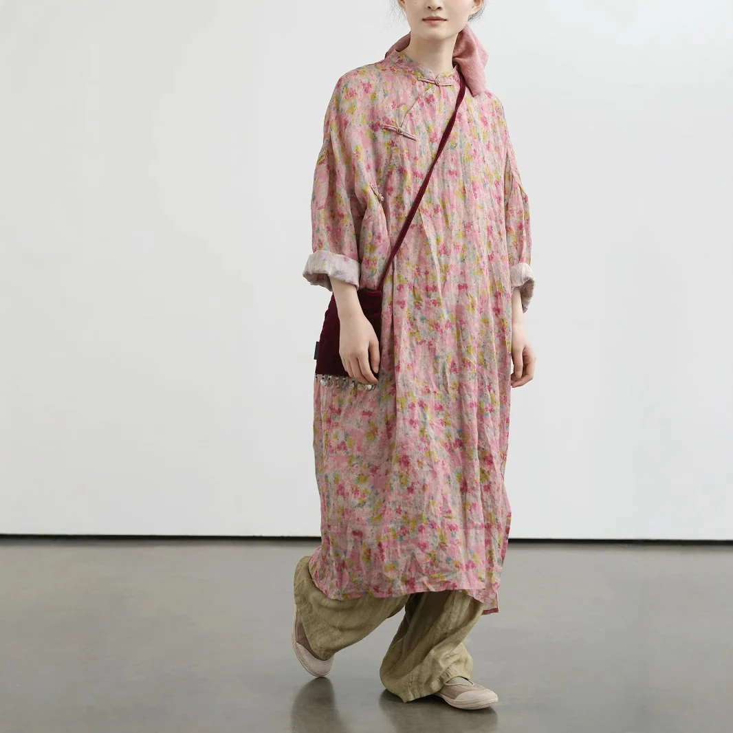 Original Chinese romantic floral cocoon ramie cheongsam, retro loose and clear robe dress L25060 - Deanwangkt