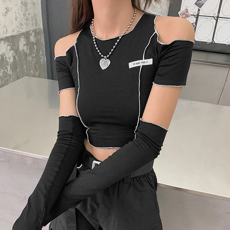 DEANWANGKT  European and American Style Cross-Border Women's Clothing 2022 Autumn and Winter New Fashion Labeling Slim round Neck off-the-Shoulder Short T-shirt for Women - Deanwangkt