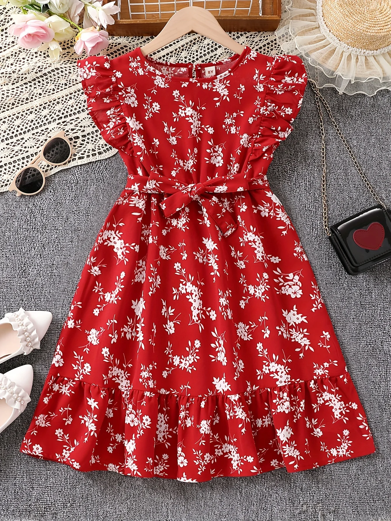 Stunning Vintage-Style Sleeveless Dress for Girls with Flower Print and Flutter Trim, Perfect for Summer and Christmas Party Gift - Deanwangkt