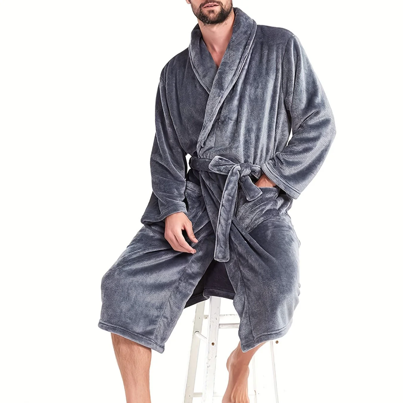 Men's Plush Flannel V-Neck Robe - All-Season Comfort, Stretch Fit, Solid Color, Sizes S-XXL - Deanwangkt