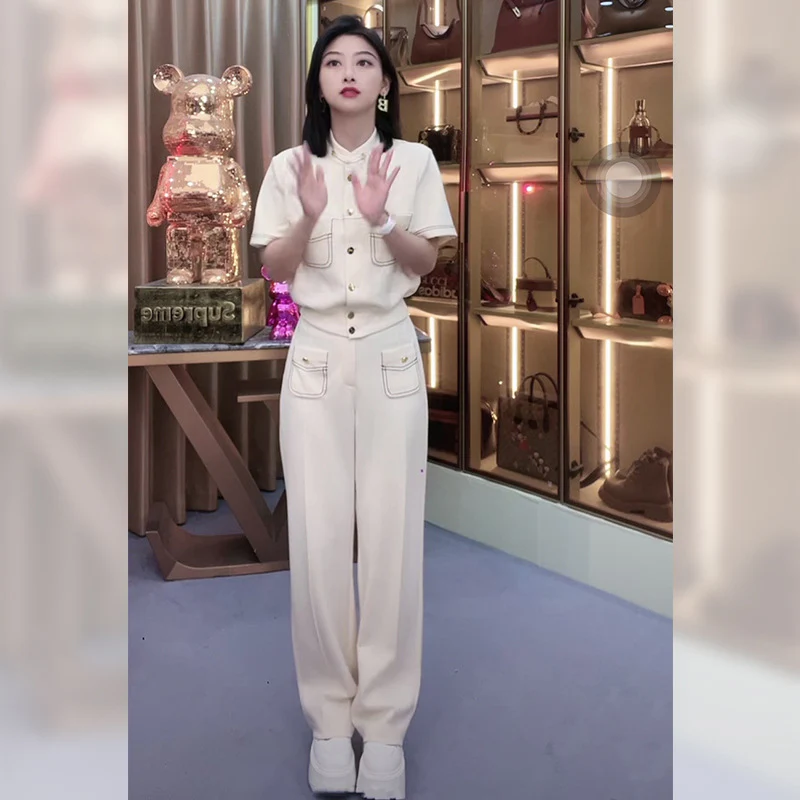 DEANWANGKT  Summer High-Grade Classic Style Graceful and Fashionable Western Style Small Shirt Top Casual Trousers Two-Piece Suit for Women - Deanwangkt