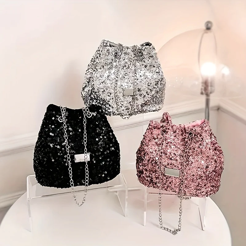 Sparkling Sequin Bucket Bag - Faux Leather, Fixed Shoulder Straps, Buckle Closure, Polyester Lining, Solid Color, Trendy Chain Crossbody Design - Perfect for Carnival, Mardi Gras, Music Festival, and Occasional Events - Deanwangkt