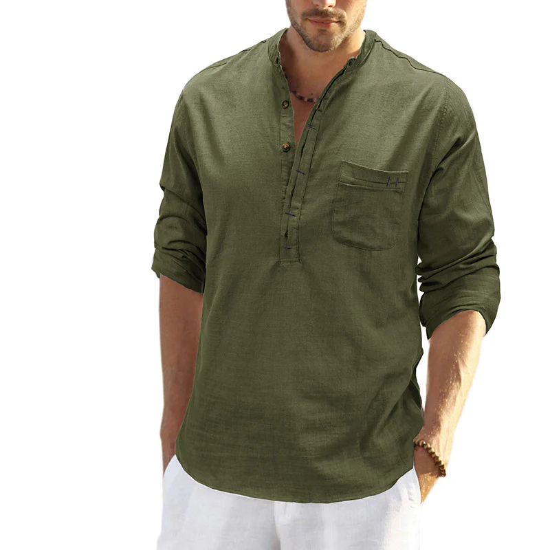 DEANWANGKT 2025 men's clothing  autumn and winter cotton and linen shirts, Popular trade long-sleeved Henry collar tops, loose men's linen shirts - Deanwangkt