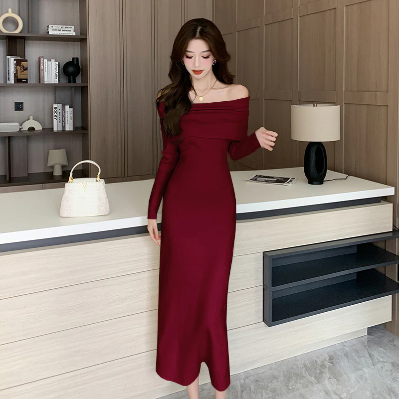 2025 One-word shoulder dress women's autumn and winter senior sense imperial sister slim and thin long sleeves beautiful off-the-shoulder stepmother hip wrap skirt - Deanwangkt