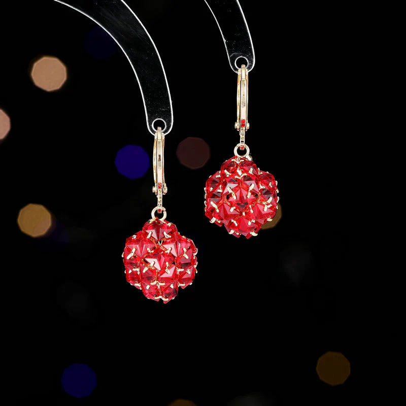 2025 popular New Year's celebration, red earrings, tide elegance, high-end design, zircon cube ball earrings - Deanwangkt