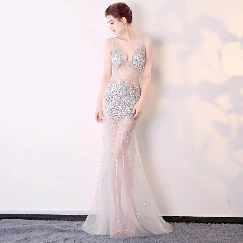2025 G393/Sexy Perspective Dress Mesh Handmade Heavy Sew Drilled Deep V-Neck Long Car Show Performance - Deanwangkt
