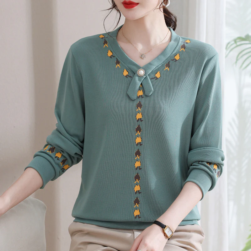 DEANWANGKT  Mom Spring Wear Underwear Long-Sleeved T-shirt  New Middle-Aged and Elderly Women's Clothing Spring and Autumn Western Style Knitted Small Shirt Top - Deanwangkt