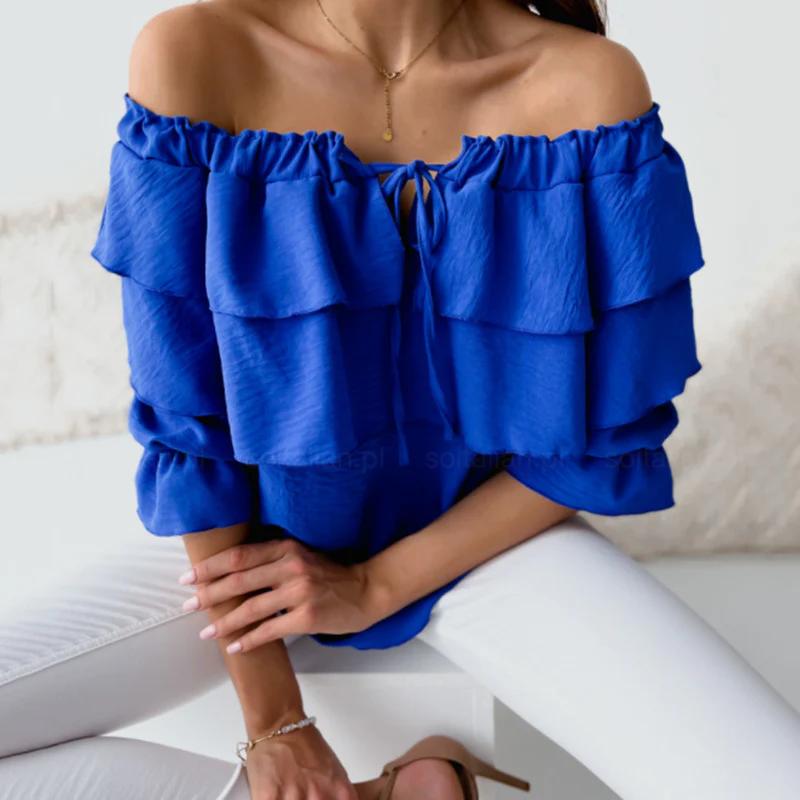 DEANWANGKT  Cross-Border off-the-Neck Chiffon Shirt Women's Elastic Shoulder Tied Lotus Leaf Top Women's Casual Loose Women's Sleeve - Deanwangkt