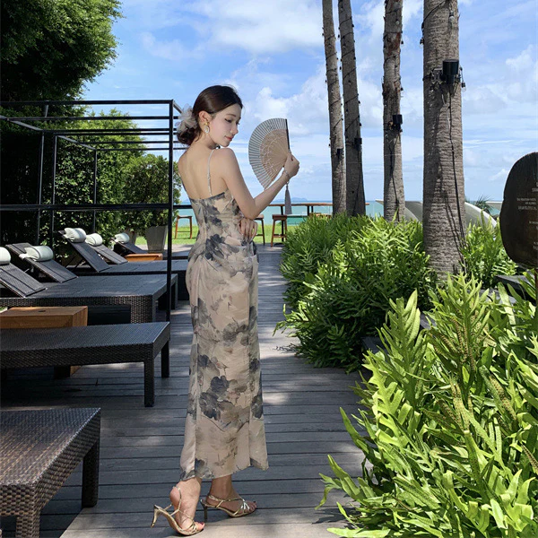 2025 New Chinese style ink painting suspender dress women's summer seaside vacation temperament slim and thin V-neck dress - Deanwangkt