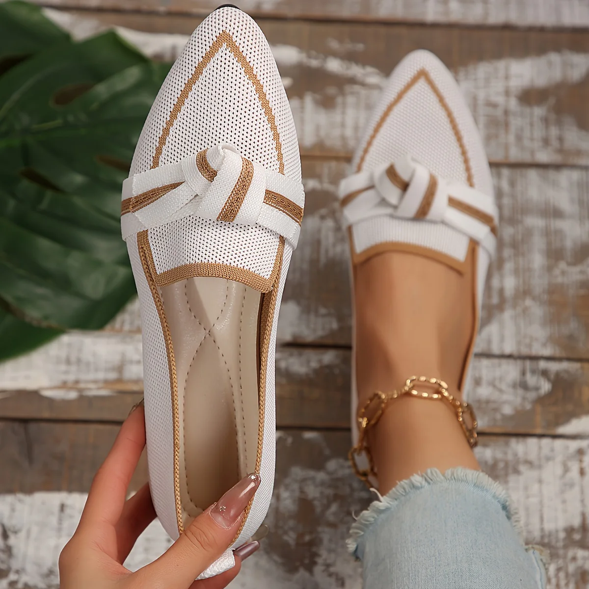 Womens Chic Knot Flat Shoes - Soft Knitted Slip-Ons with Pointed Toe - Ultra-Comfortable & Breathable for Everyday Style - Deanwangkt