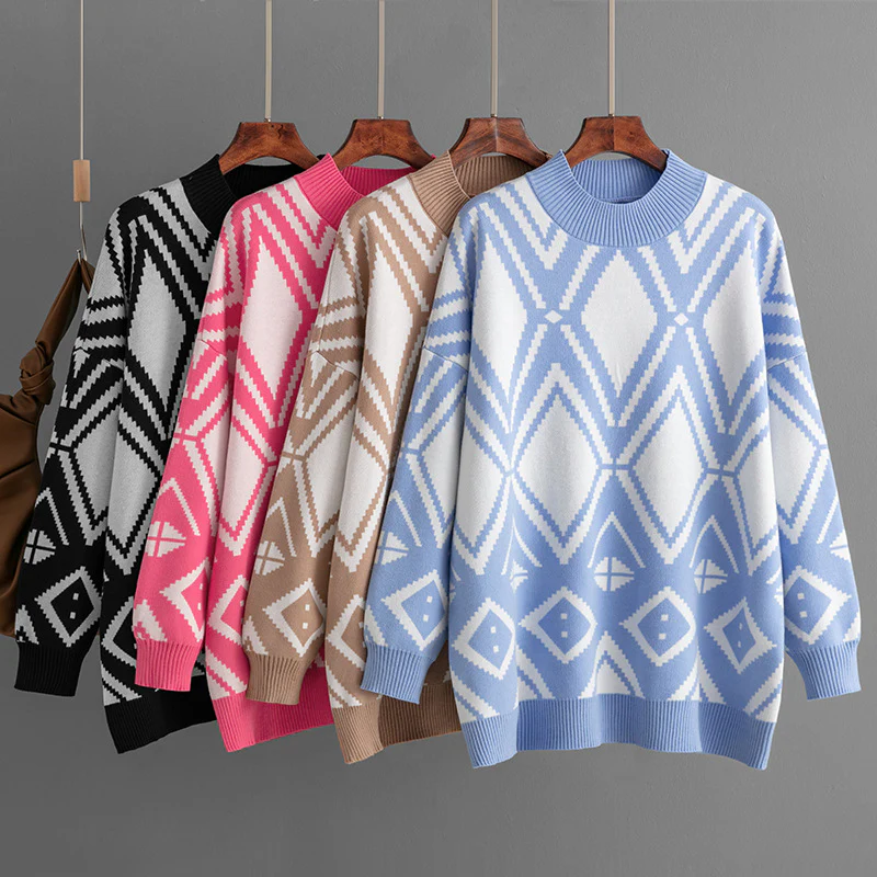 DEANWANGKT Cross-border women's clothing  autumn and winter new geometric jacquard crew-neck sweater loose medium and long knitted top women - Deanwangkt