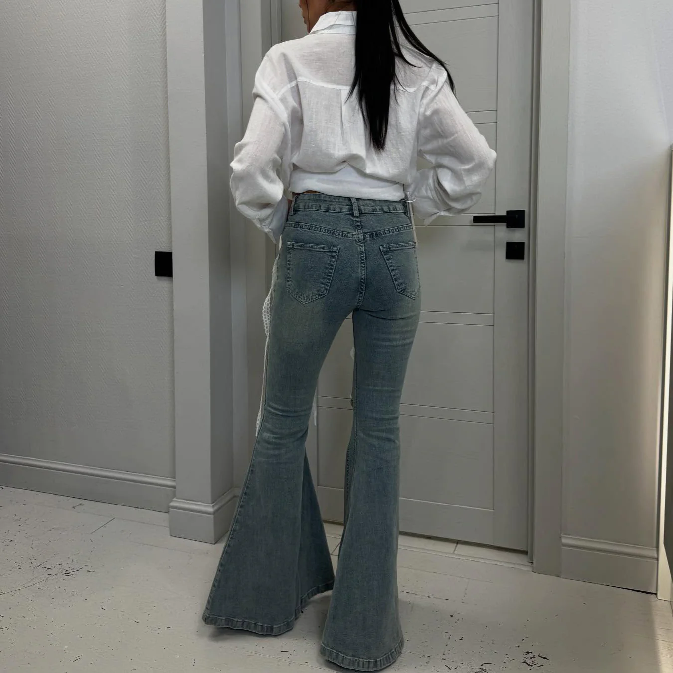 fashion trendy brand personalized retro tight lace lace-up flared jeans niche high-waisted versatile trousers women - Deanwangkt