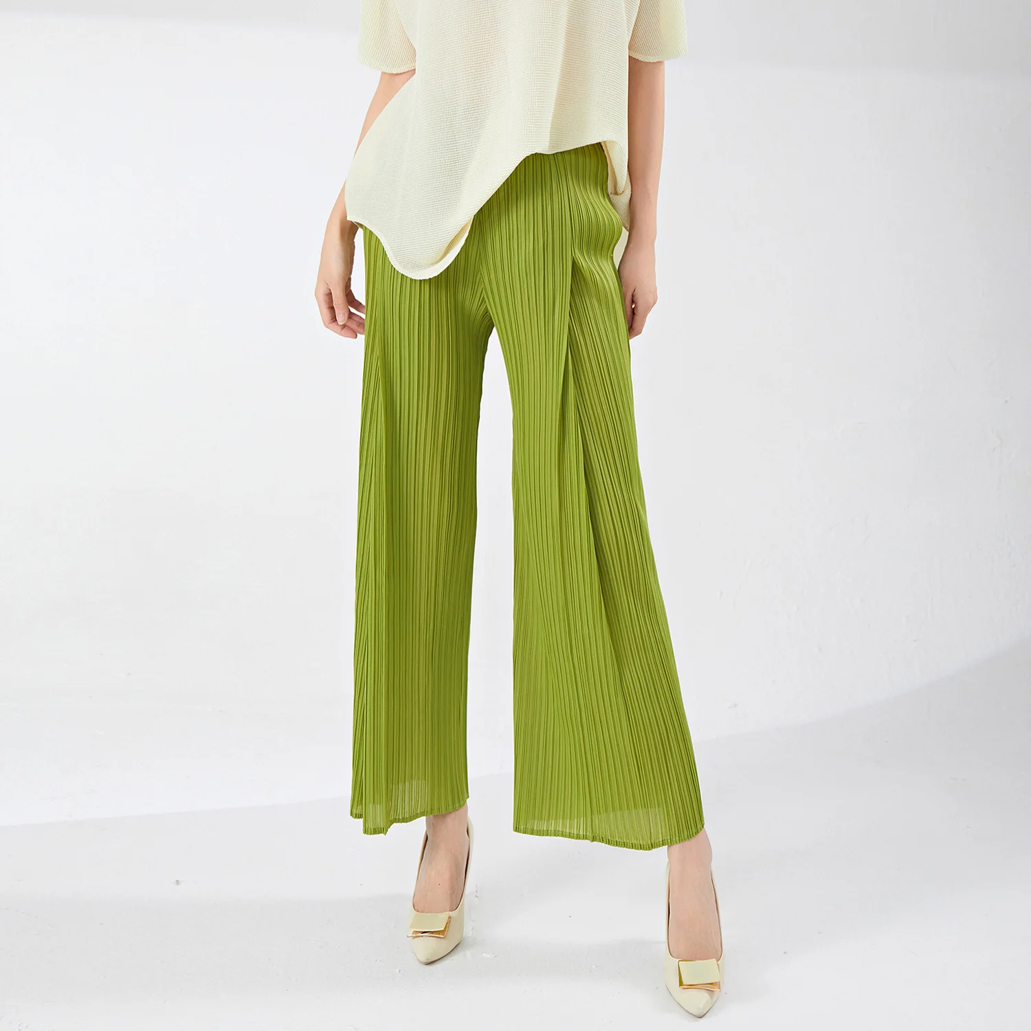 2025 Women's pants summer high-end thin pleated pants children's drape loose long straight wide-leg versatile Miyake casual pants - Deanwangkt