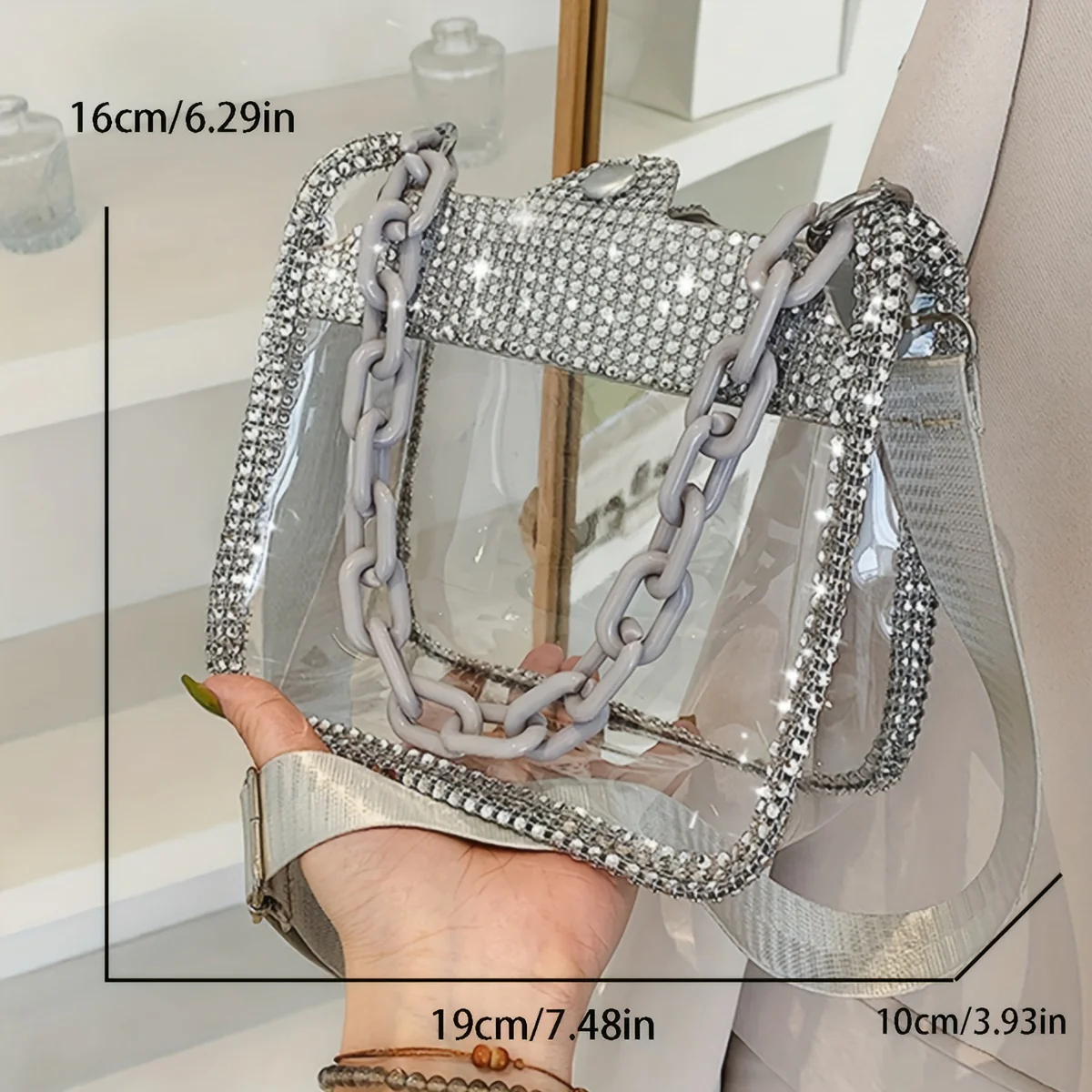 Elegant Square Transparent Handbag with Rhinestone Sparkle, Secure Buckle Closure, & Durable PVC & Acrylic Strap - Deanwangkt