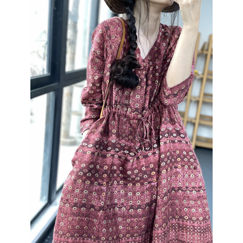 Summer new V-neck waist strap-up slim loose retro printing casual light cotton and linen short-sleeved dress women - Deanwangkt