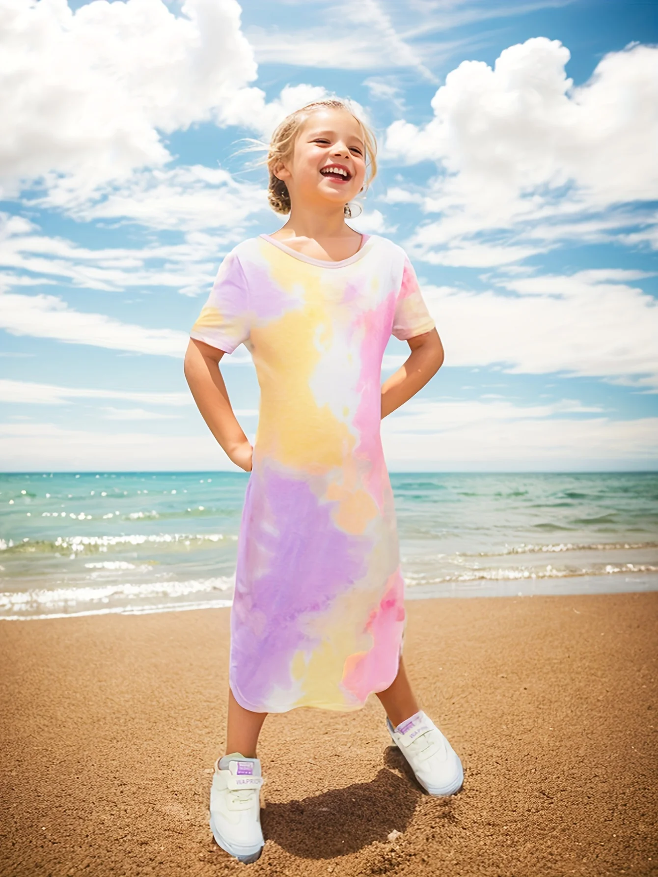 Vibrant Tie Dye Short Sleeve Slim Midi Dress for Girls - Casual, Comfortable, and Stylish Holiday Wear - Perfect Summer Gift for Tweens and Teenagers - Deanwangkt