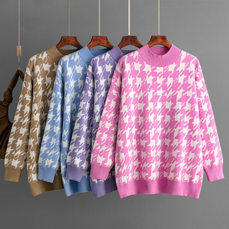 DEANWANGKT  autumn and winter new 2025 thousand bird grid knitted pullover round neck loose large size sweater women - Deanwangkt