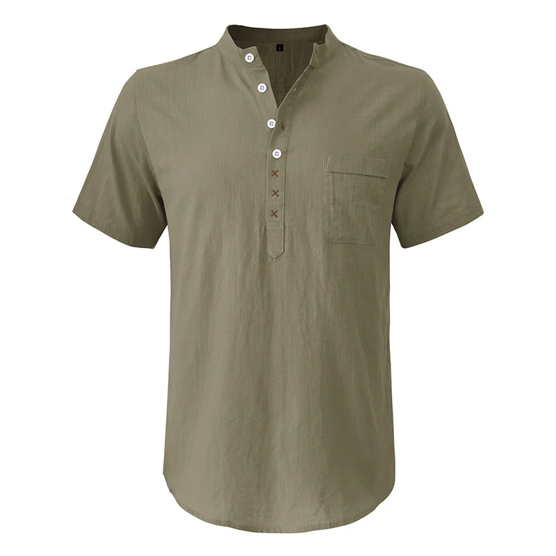 DEANWANGKT 2025 Cross-border men's Hawaiian short-sleeved beach shirt, Popular trade Henry shirt,   men's cotton and linen shirt - Deanwangkt