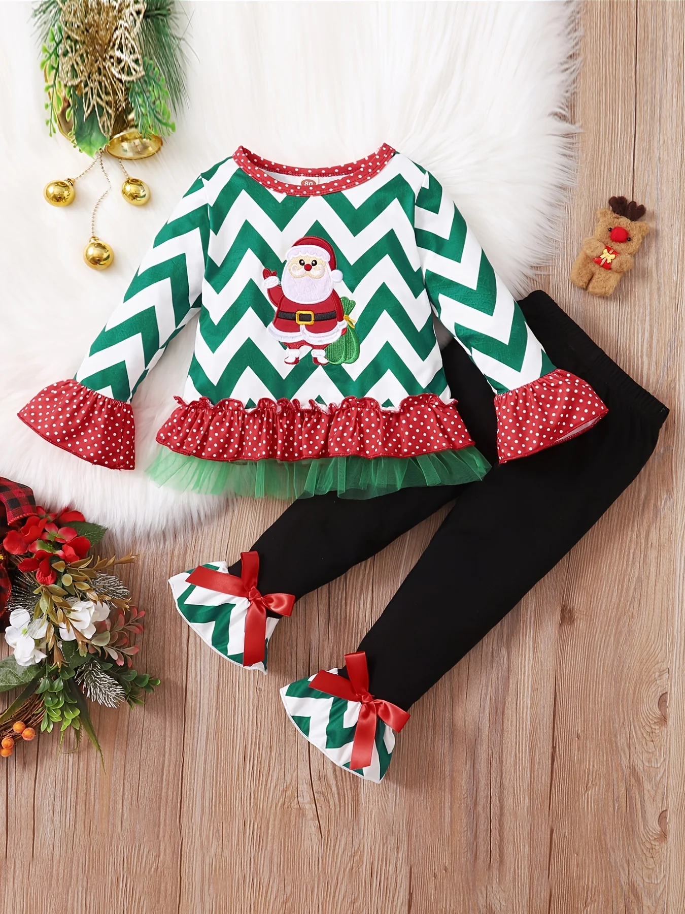2pcs Toddler Baby Girls Christmas outdoor Outfits Santa Long Sleeve Ruffle Top & Plaid Flared Pants Set - Deanwangkt