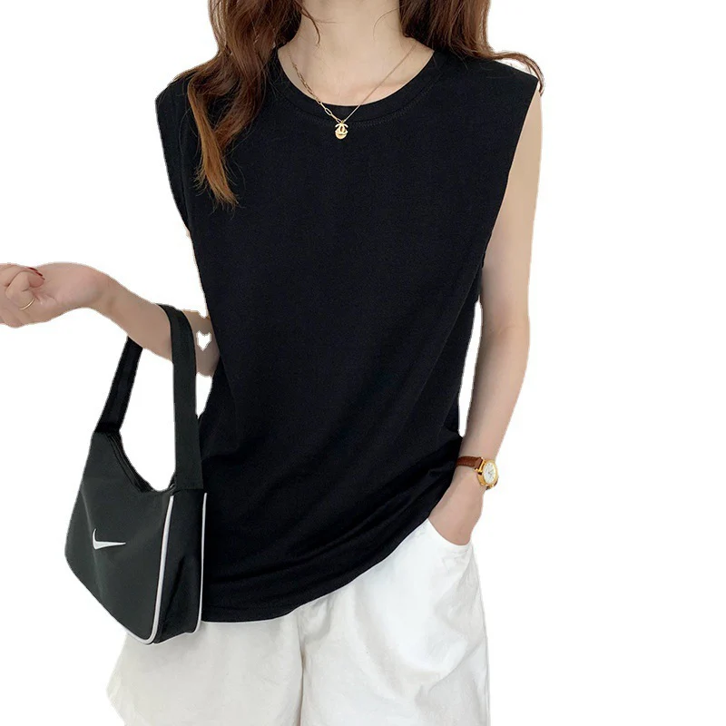 deanwangkt White Sleeveless T-shirt Women's Loose  Summer Fashion Camisole T-shirt Student Top Ins Polyester Pullover round Neck - Deanwangkt