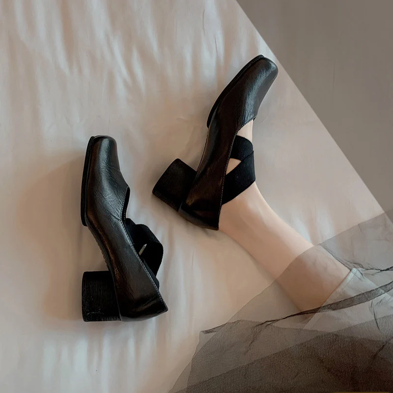 DEANWANGKT  Genuine Leather Mary Jane Pumps Autumn and Winter Retro Cross Belt Square Toe Comfortable Chunky Heel High Heel Pig Nose Ballet Shoes - Deanwangkt