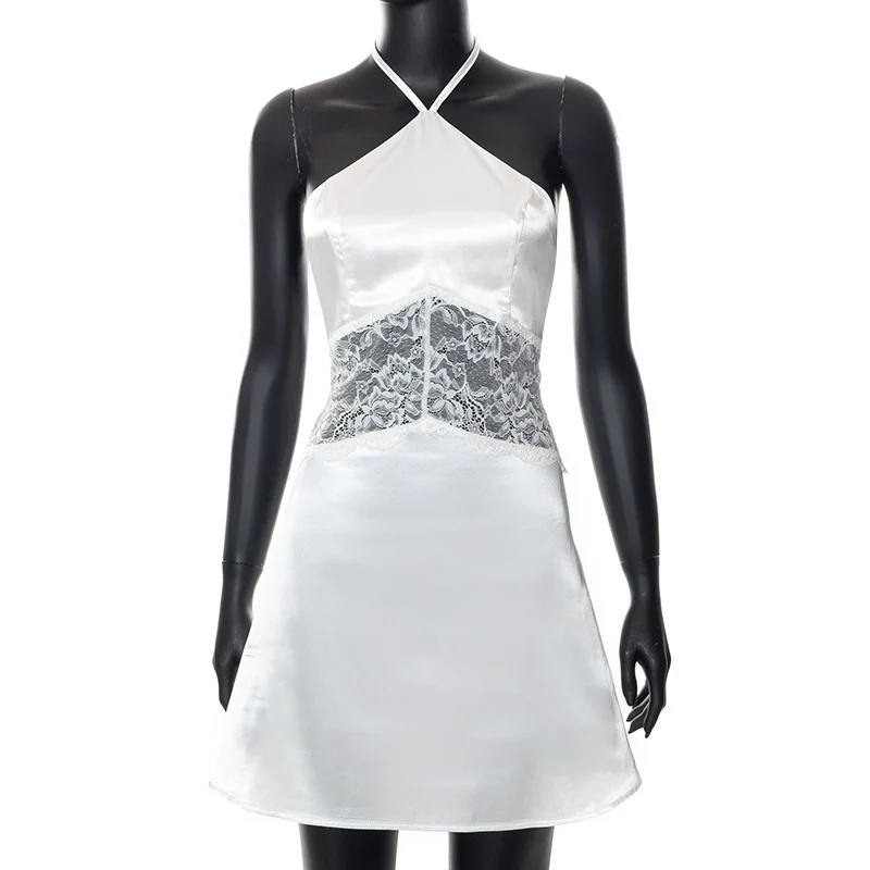 2025 H22DS164  women's clothing  autumn new fashionable neck strap lace splicing sexy dress - Deanwangkt