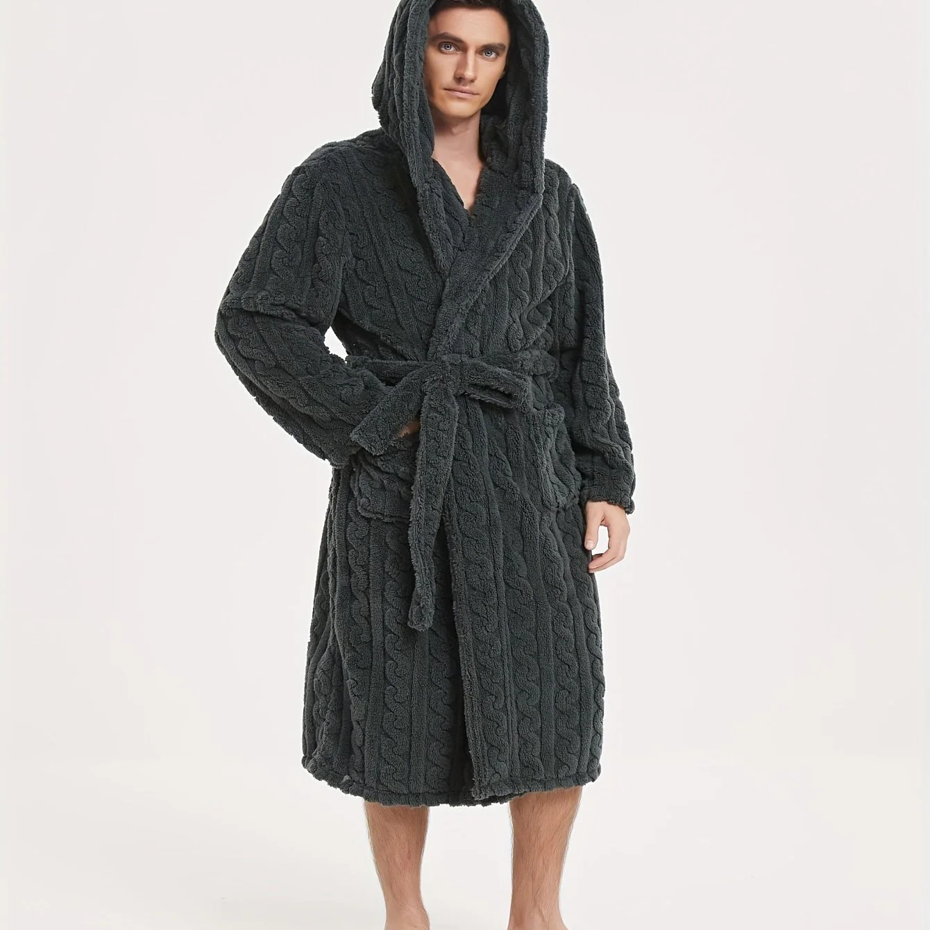 Cozy Men's Winter Fleece Robe with Hood & Pockets – Easy-Care, Solid Color Lounge Wear Set - Deanwangkt