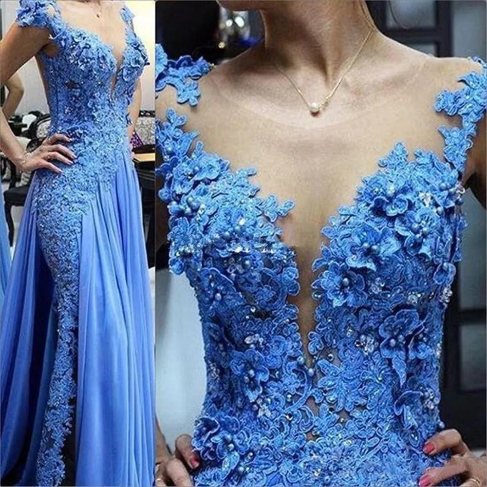 Blue Lace Appliques Mother of the Bride Dresses Illusion Pearls Beading Formal Godmother Evening Wedding Party Guests Gown Plus - Deanwangkt
