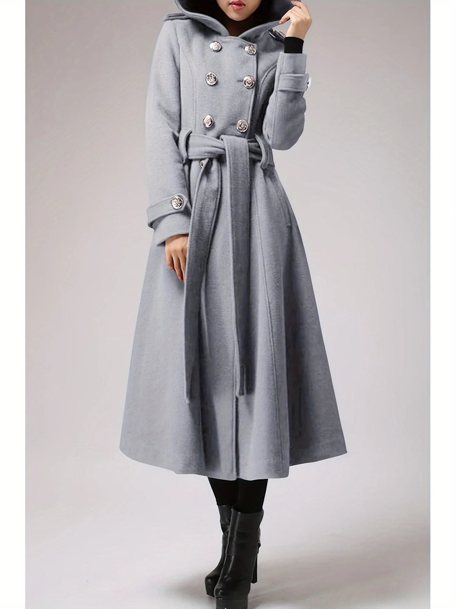 Womens Long Double-Breasted Hooded Coat Warm Woolen Coat With Belts - Deanwangkt