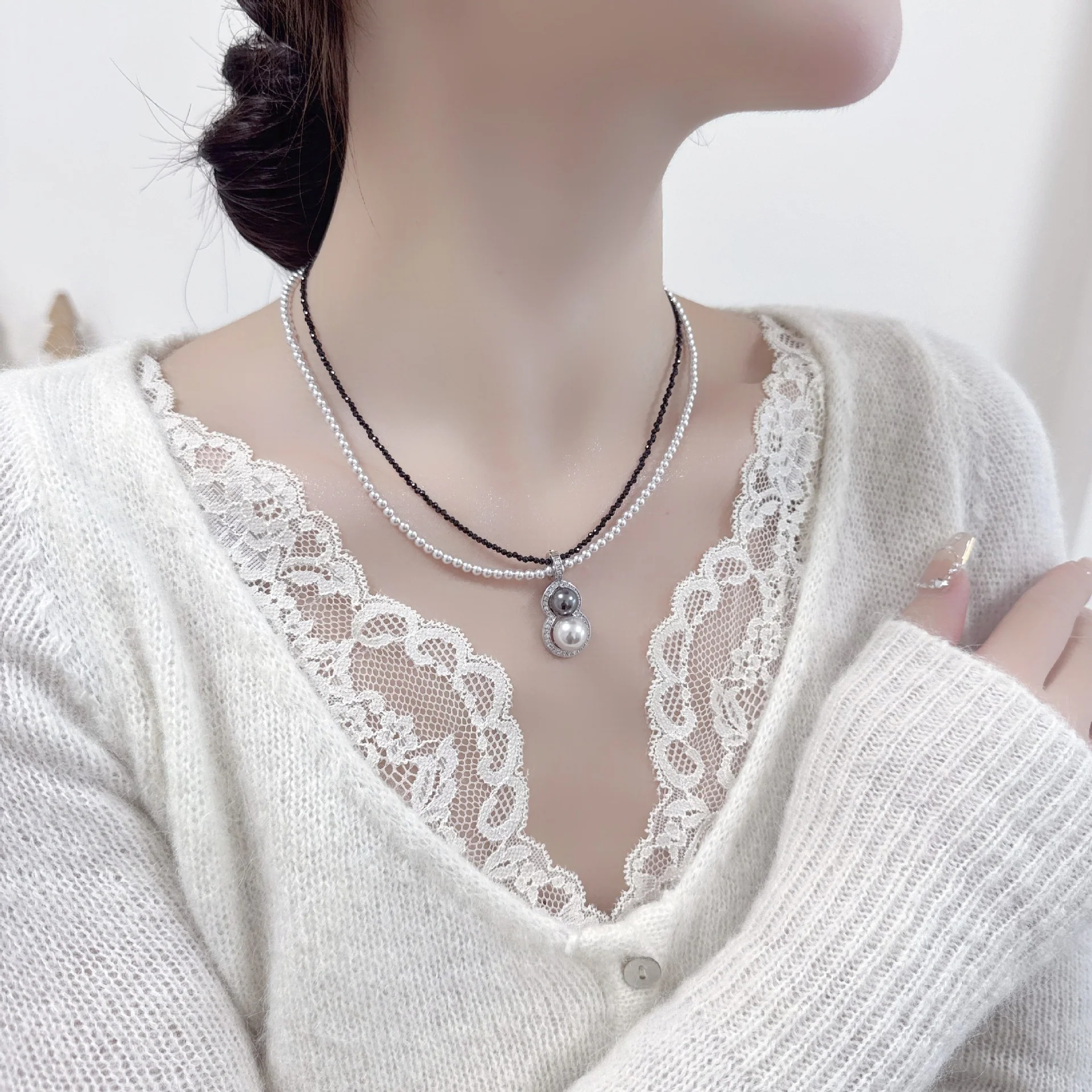 2025 Light Luxury Xiaomi Bead Gourd Zircon Pendant Double Layer Stacked Necklace Niche Premium Versatile Clavicle Chain Sweater Chain - Deanwangkt