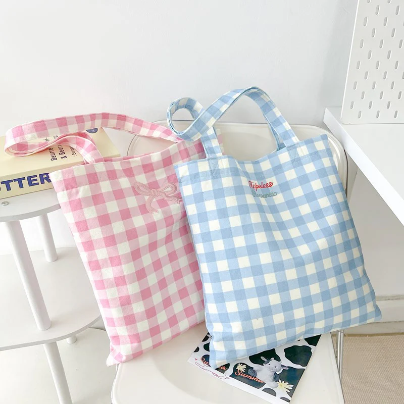 DEANWANGKT 2025 cute plaid shoulder bag popular new little fresh girl fabric tote bag soft cute plaid make-up bag - Deanwangkt