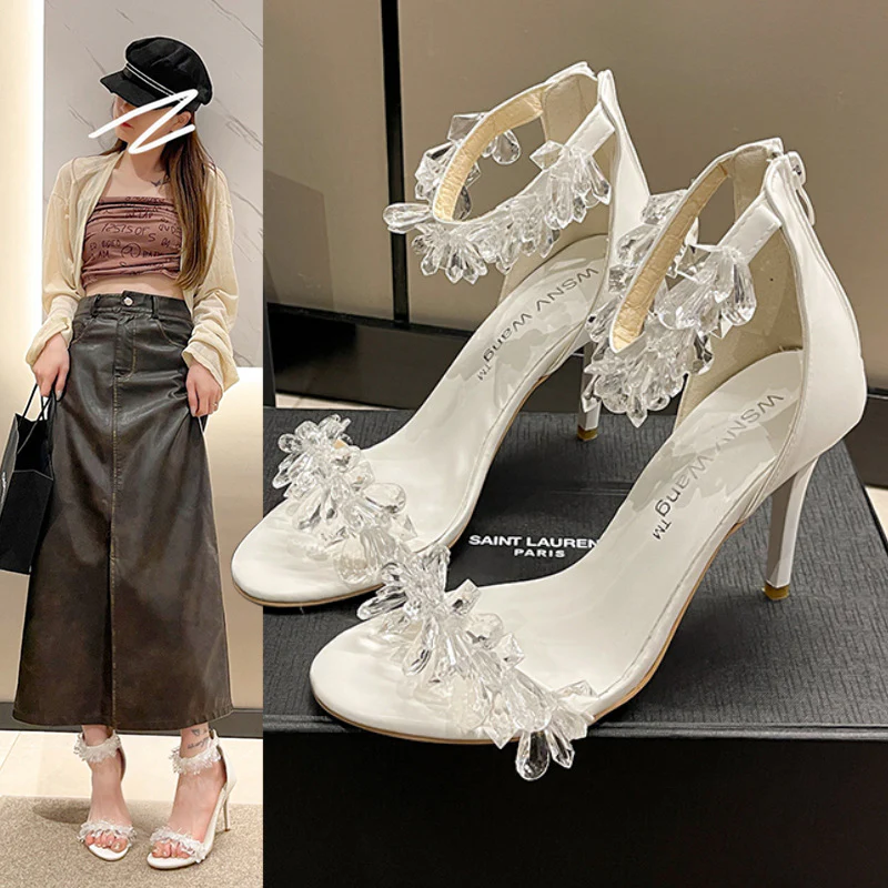 DEANWANGKT  Fairy Style Ankle-Strap Stilettos Sandals for Women  Spring/Summer New Style White Crystal Wedding Shoes Rhinestone High Heel Shoes Women - Deanwangkt