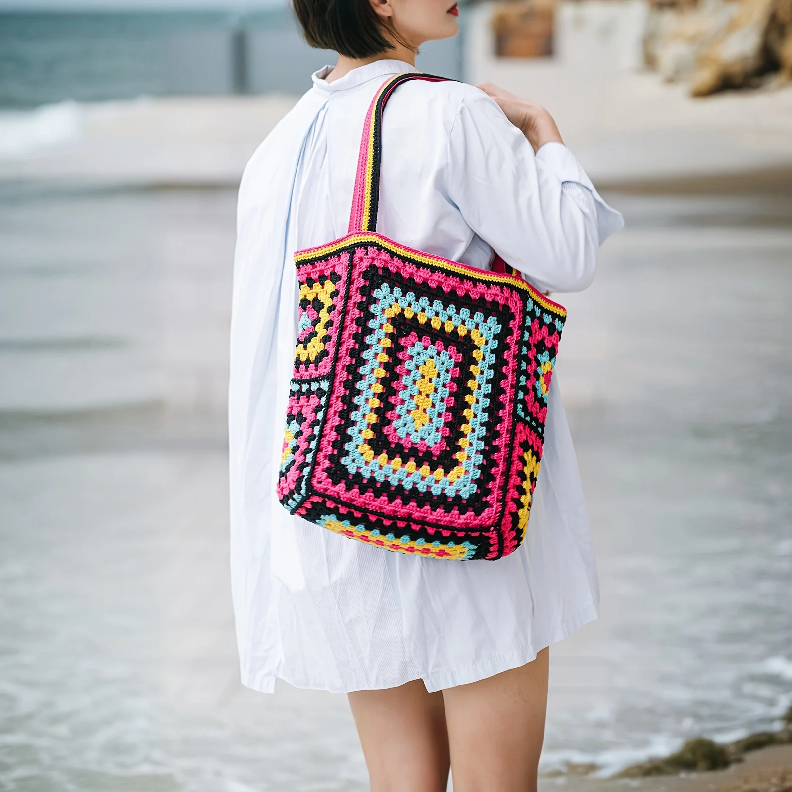 Vibrant Bohemian Chic Crochet Tote Bag - Handcrafted, Fashion-Forward Ethnic Style - Perfect for Womens Travel Adventures, Versatile & Lightweight - Deanwangkt