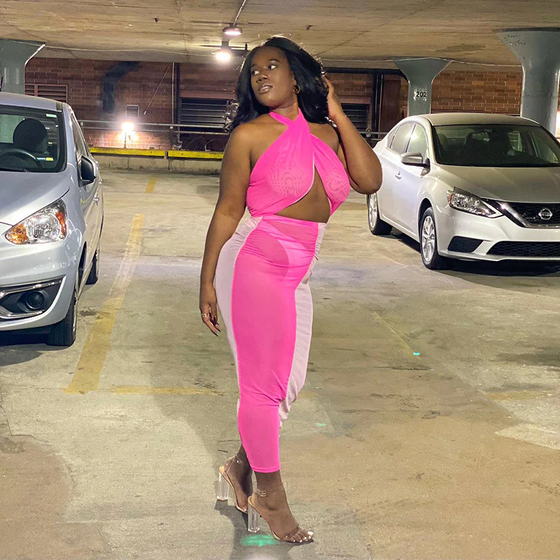 2025 L23DS047  women's clothing summer new sexy color matching printing navel mesh see-through neck long dress - Deanwangkt